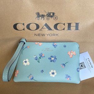 Coach Mystical Floral Corner Zip Wristlet Light Teal Multi